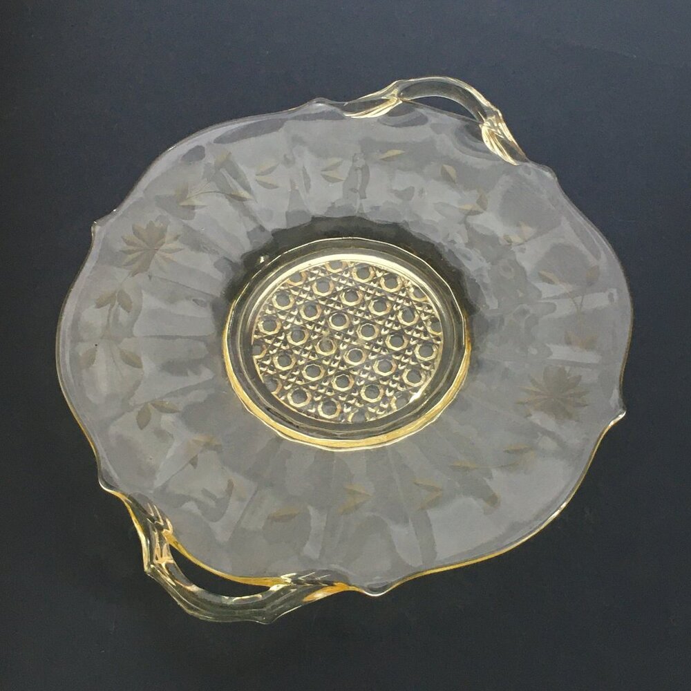 Deprssion Glass Translucent Yellow Lancaster Etched Cake Plate